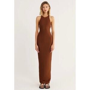 Rumer the Label REVOLVE Penelope Brown Backless Halter Maxi Dress, Medium